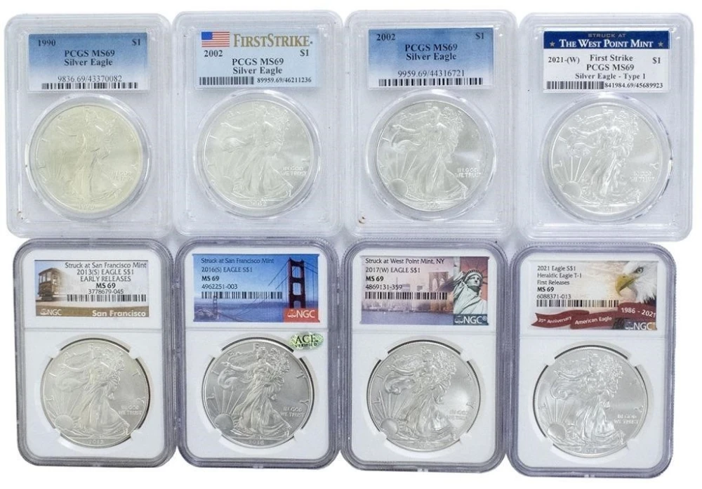 Eight Diff NGC MS-69 Early Date Silver Eagles