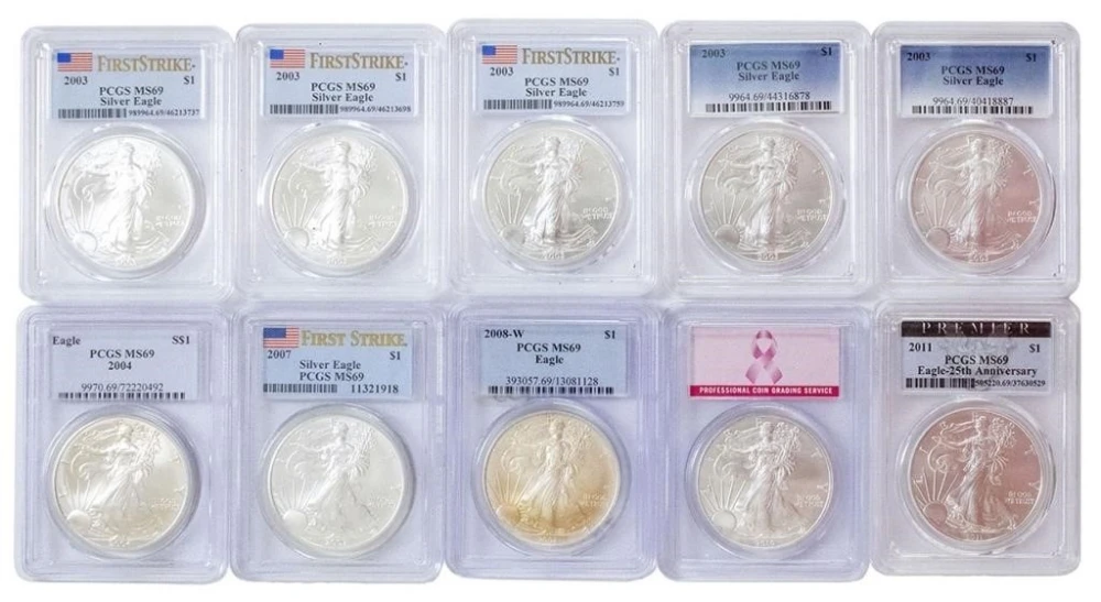 10 Mixed PCGS MS-69 Silver Eagles