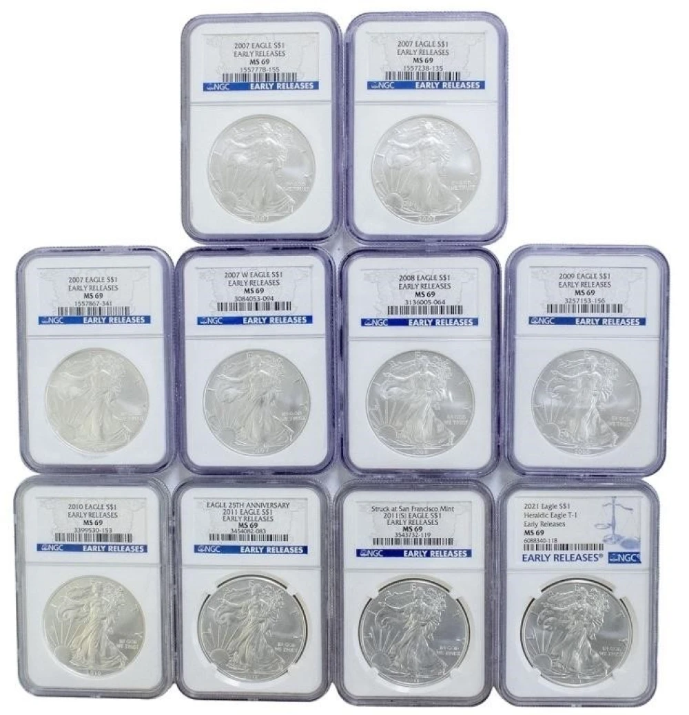 10 Misc. NGC MS-69 Early Releases Silver Eagles