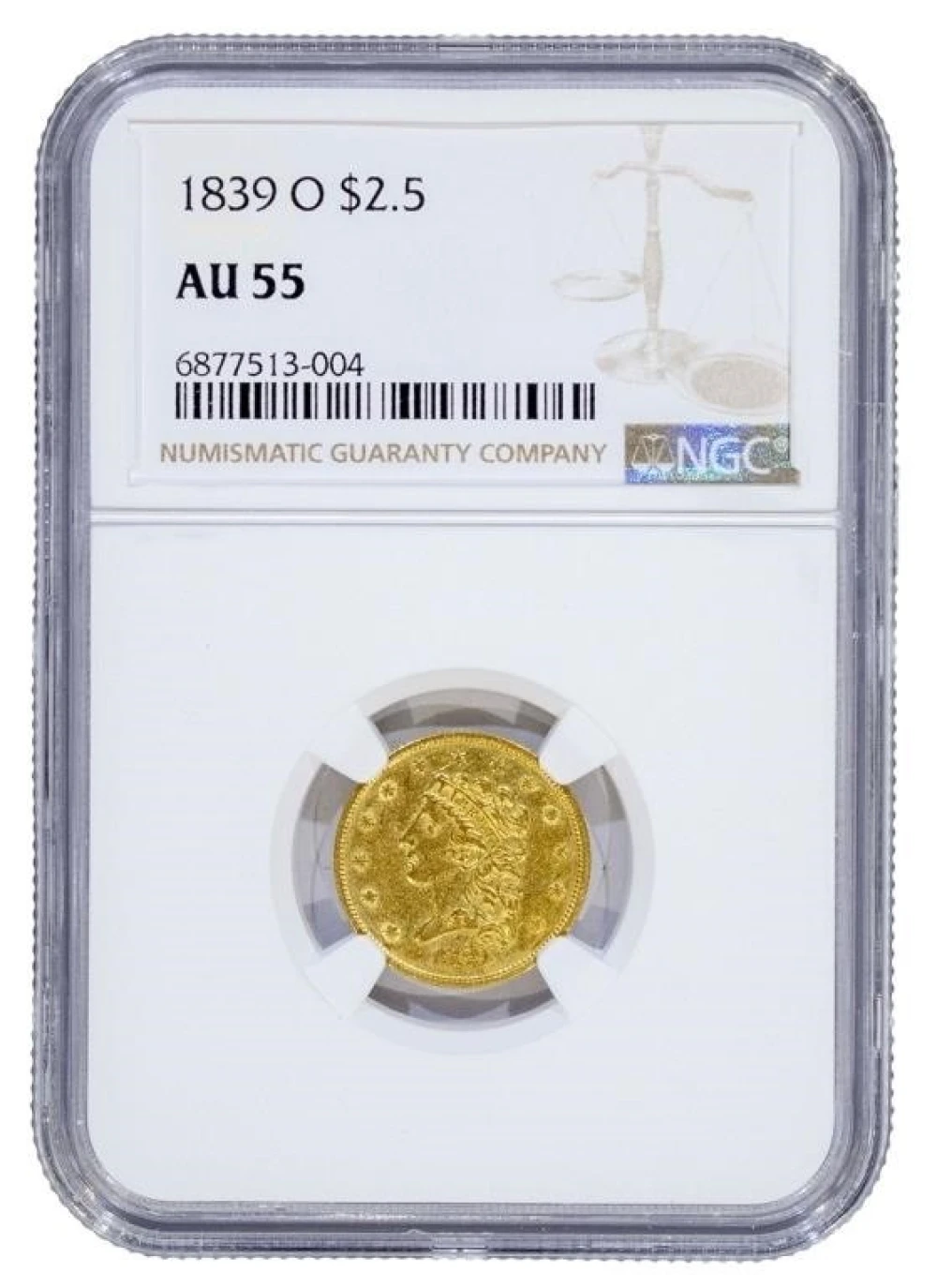 NGC AU-55 1839-O Classic $2.50 Gold