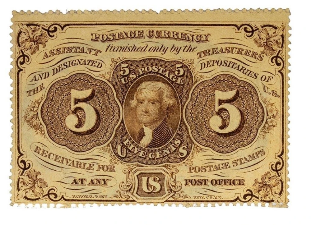 Crisp New Perforated 5-Cents Postage Currency