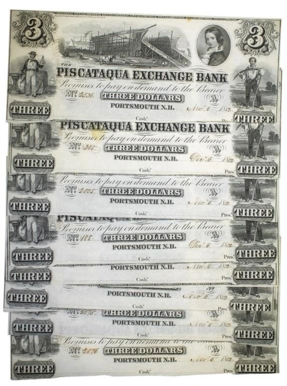 New Hampshire. Portsmouth. Crisp New $3 Notes