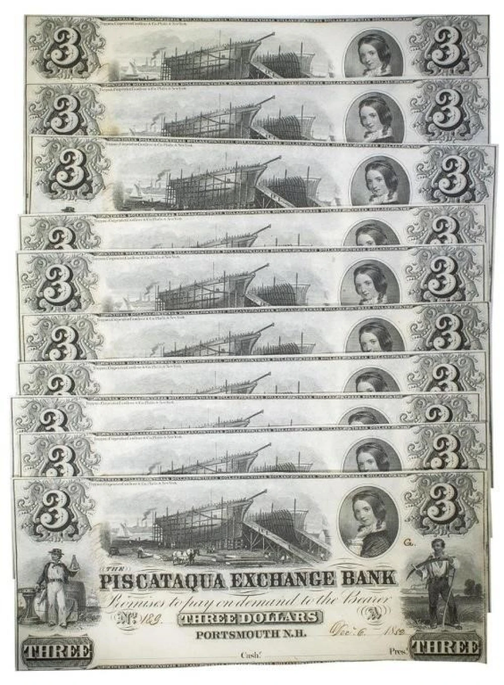 New Hampshire. Portsmouth. Crisp New $3 Notes