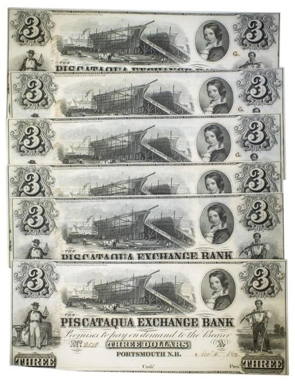 New Hampshire. Portsmouth. Crisp New $3 Notes