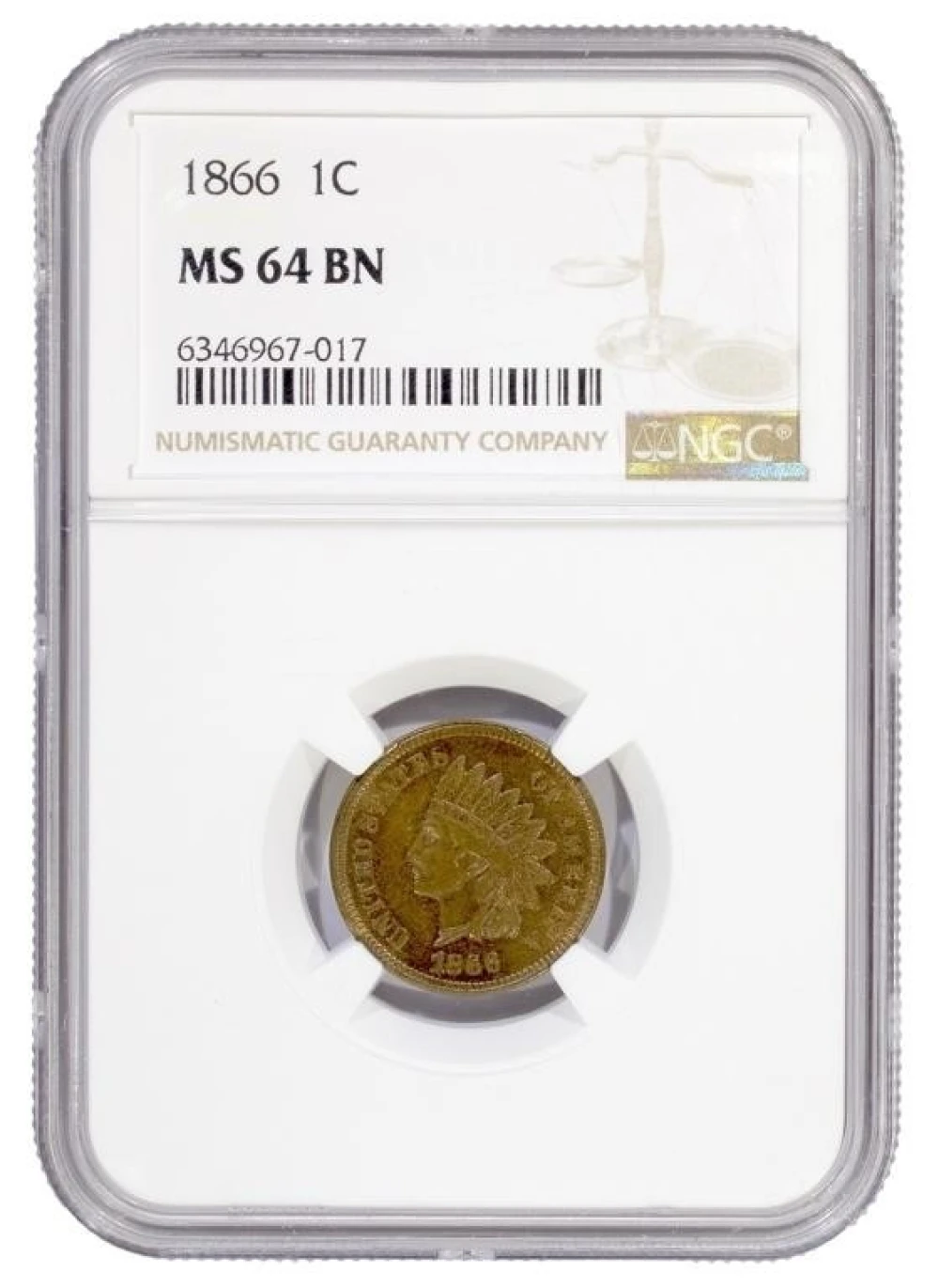 NGC MS-64 BN 1866 Cent