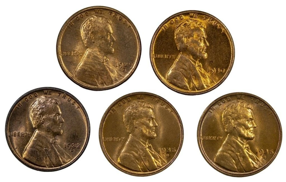Five Middle-Date Lincoln Cents
