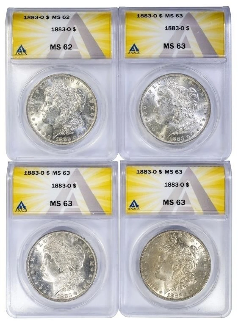 4 ANACS Certified 1883-O Morgan Dollars