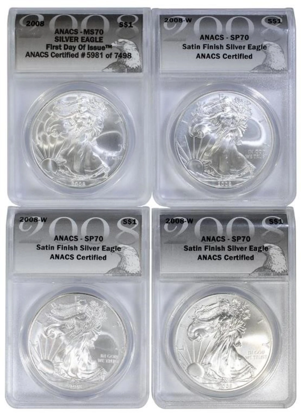 4 pcs ANACS MS-70 2008 Silver Eagles