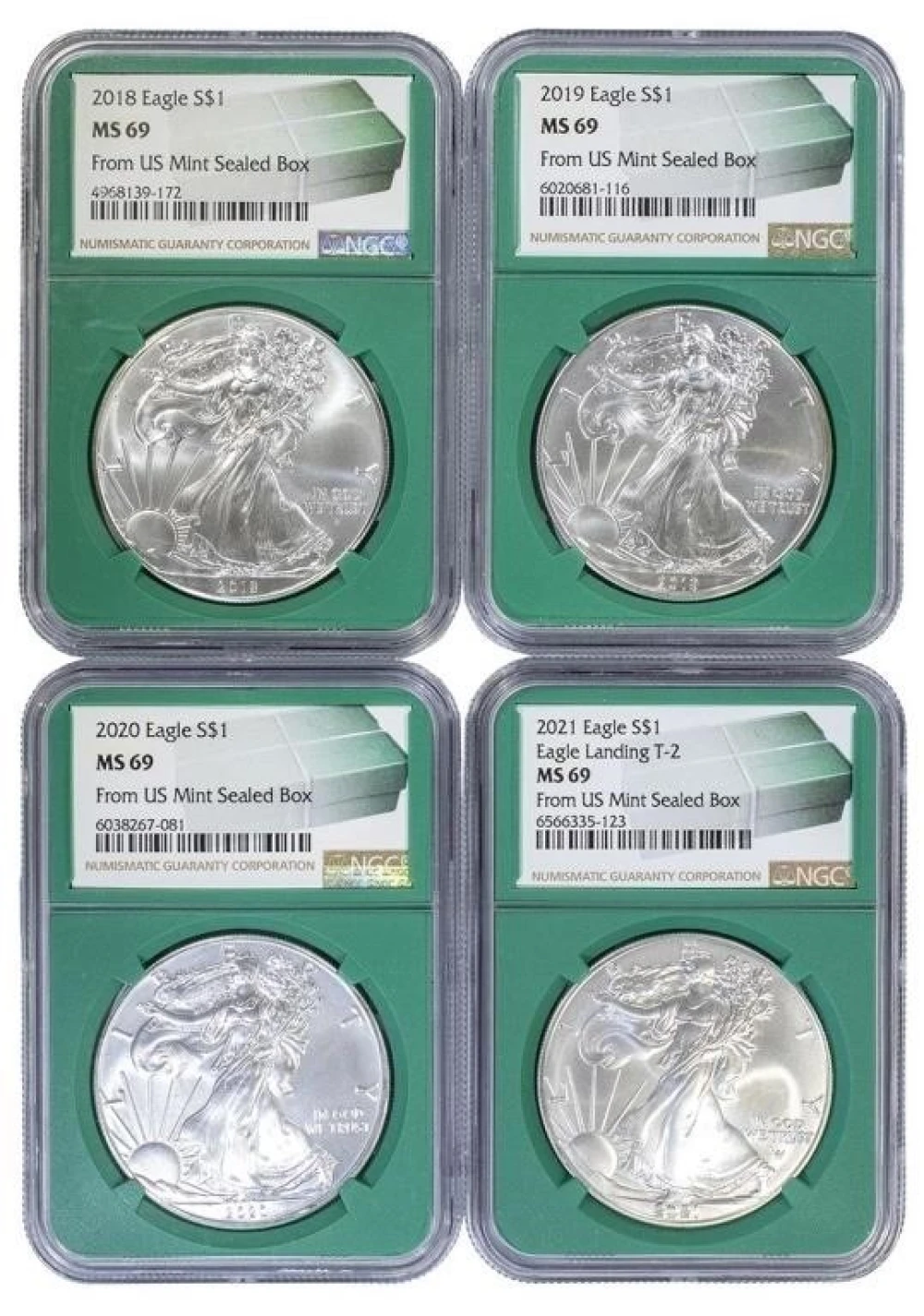 4 Different NGC MS-69 Green Holder Silver Eagles