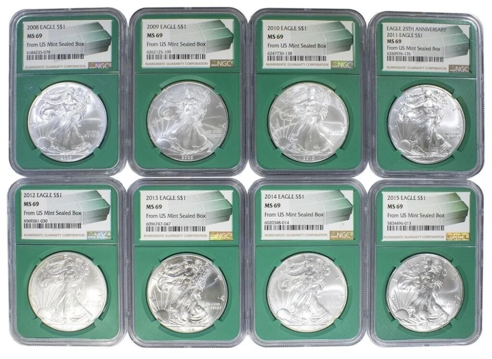 2008-15 NGC MS-69 Green Holder Silver Eagles