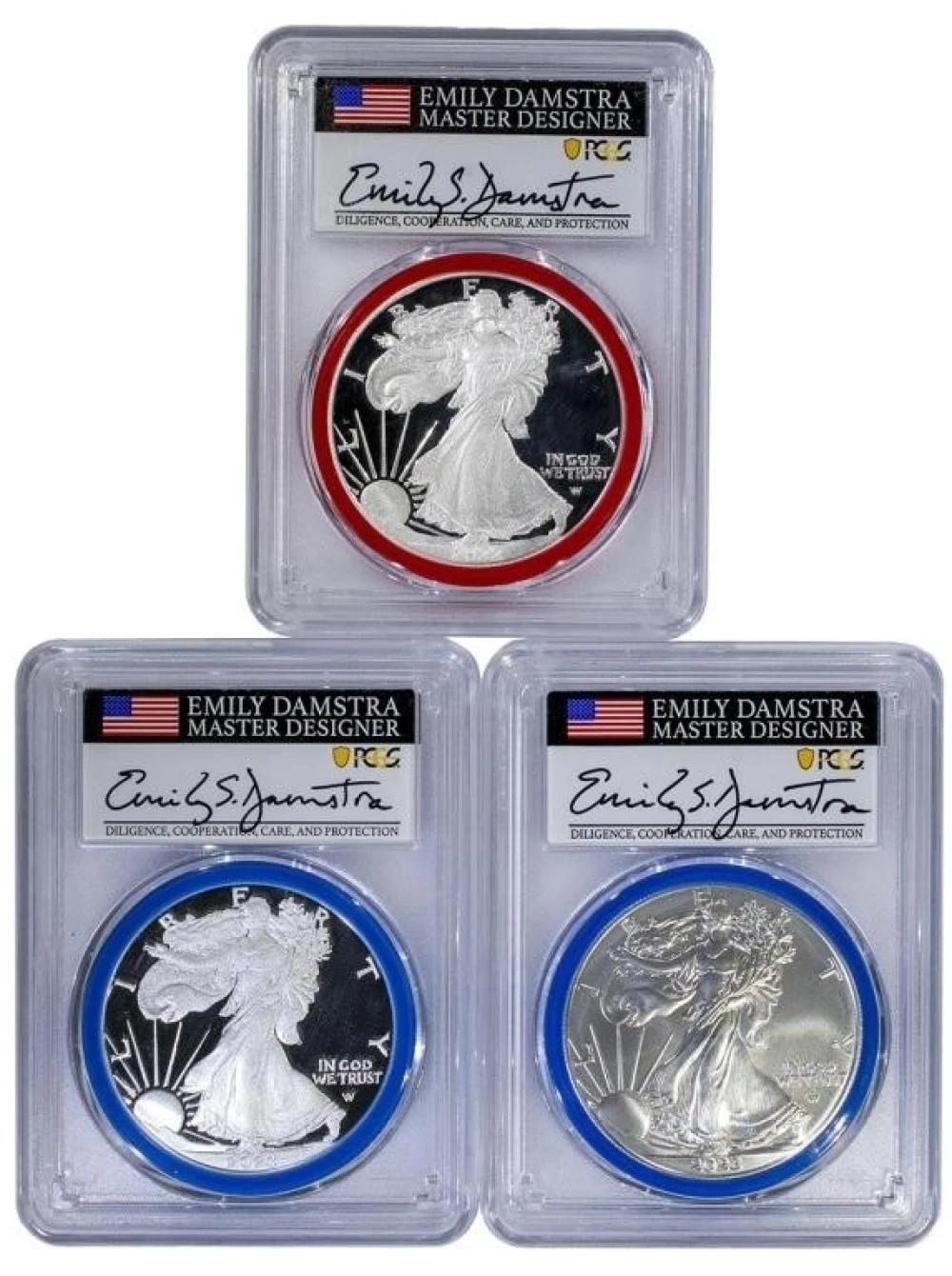 3 Signed PCGS PF/SP-70 Silver Eagles