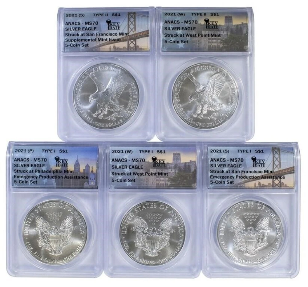 ANACS MS-70 2021 5 Piece Silver Eagle Set
