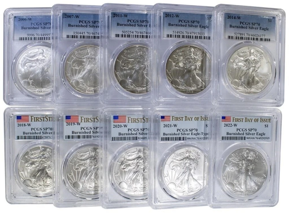 10 Diff PCGS SP-70 "W" Burnished Silver Eagles