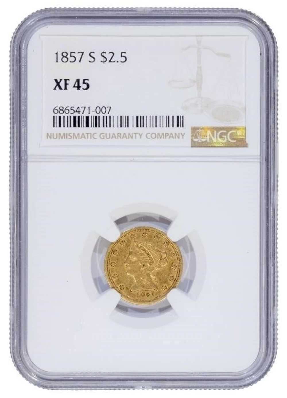 NGC EF-45 1857-S Gold $2.50
