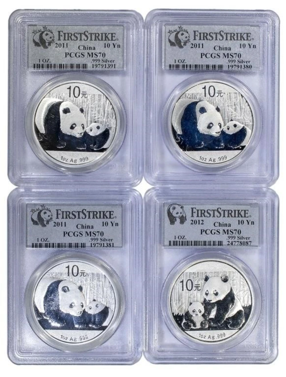China. 4 PCGS MS-70 Silver Pandas