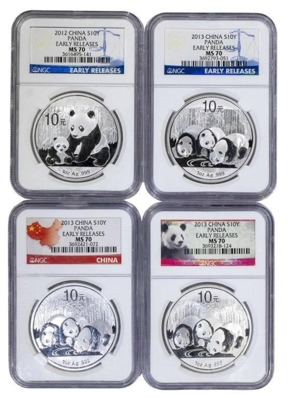 China. 4 NGC MS-70 Silver Pandas
