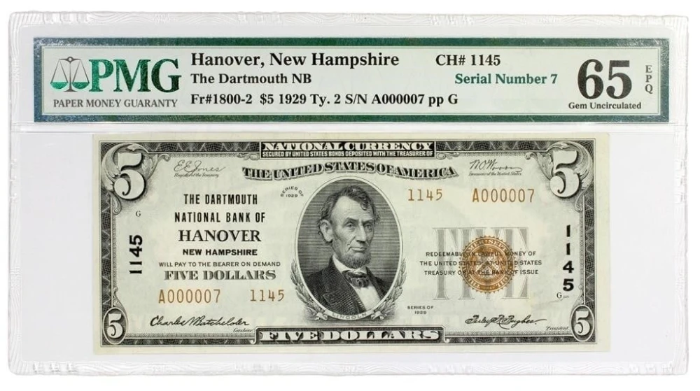 New Hampshire. Hanover. PMG Gem New $5