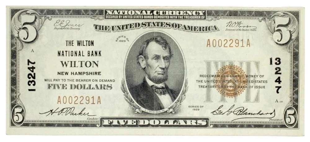 New Hampshire. Wilton. Series 1929 VF+ $5