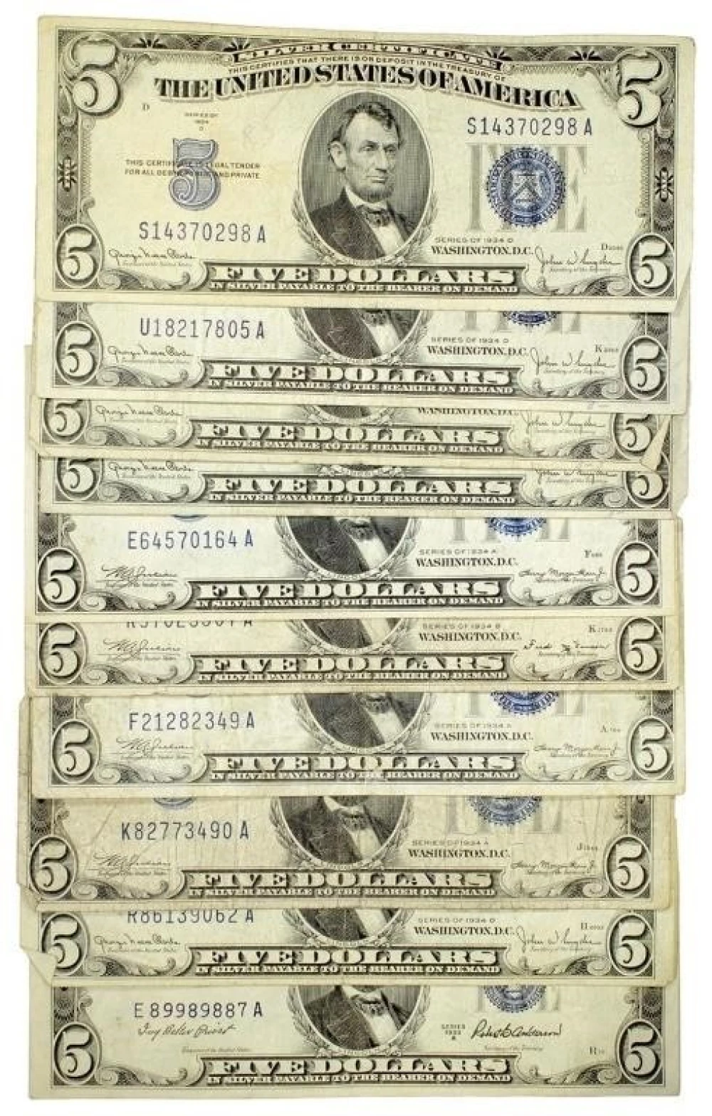 10 Pcs Blue Seal $5 Silver Certificates