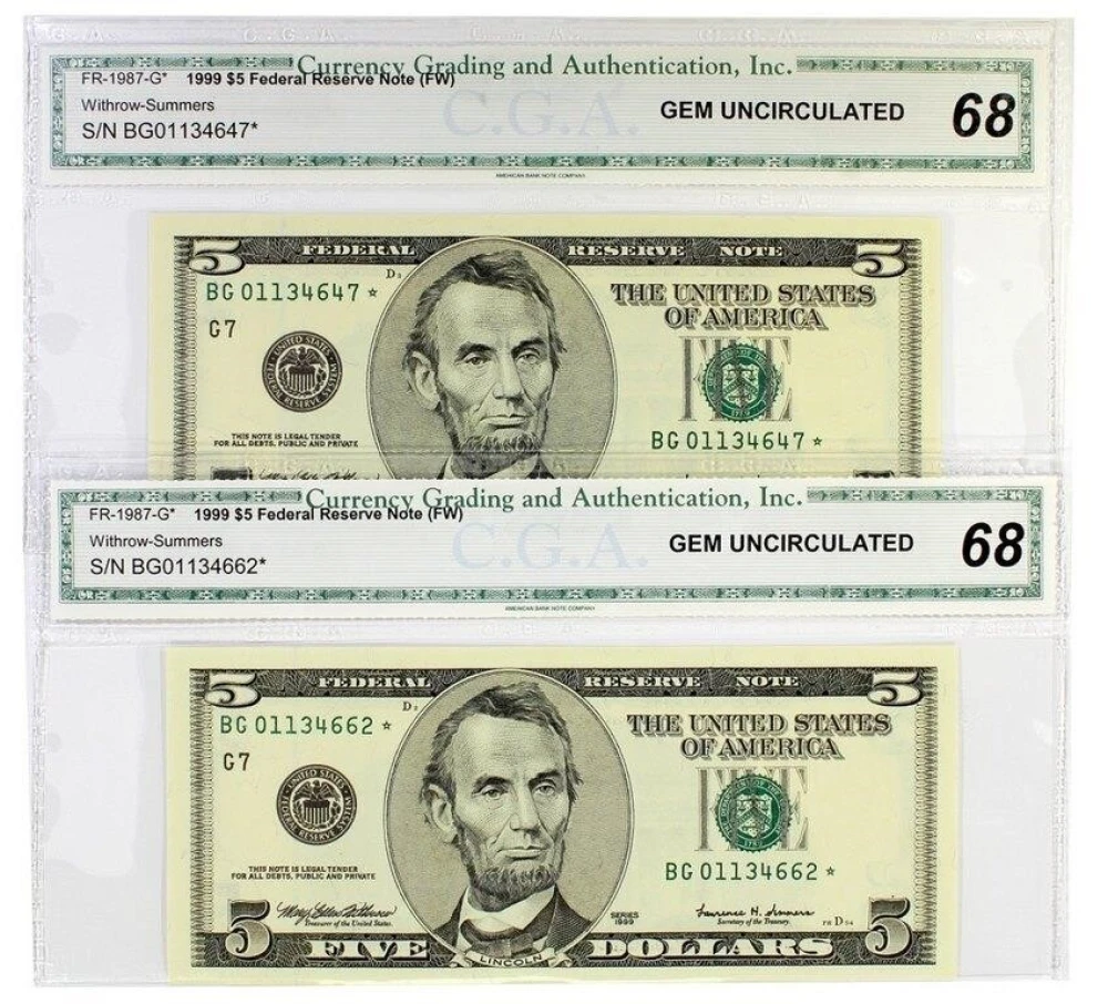 CGAI Gem $5 Star Note Pair