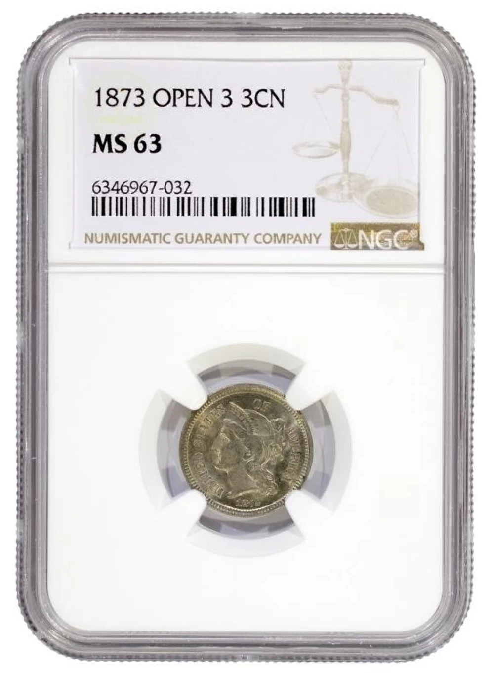 NGC MS-63 1873 Open 3 Nickel Three-Cents