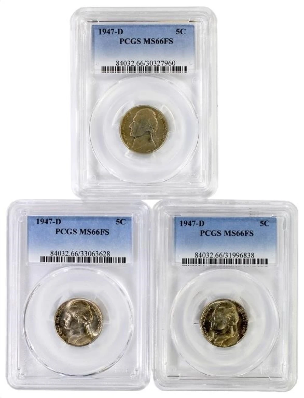 PCGS MS-66 FS 1947-D Nickel Trio