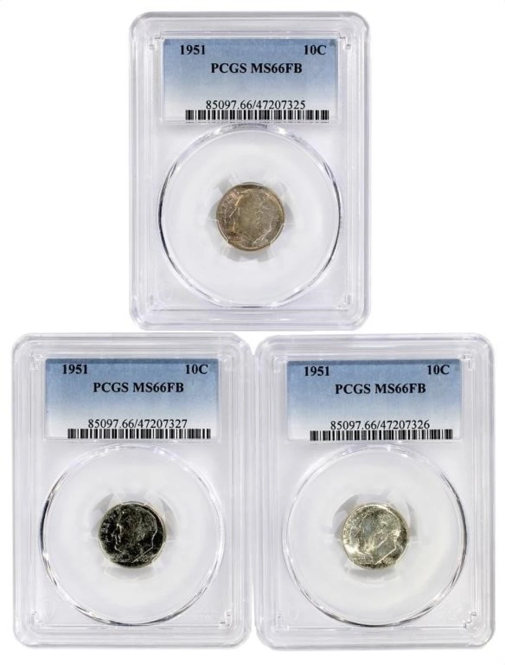 PCGS MS-66 FB 1951 Roosevelt Dime Trio