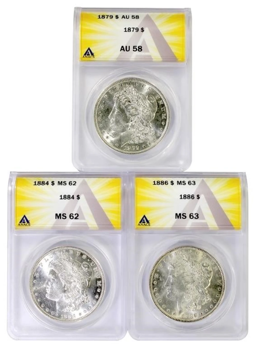 ANACS Certified 3 Coin Morgan $1 Lot