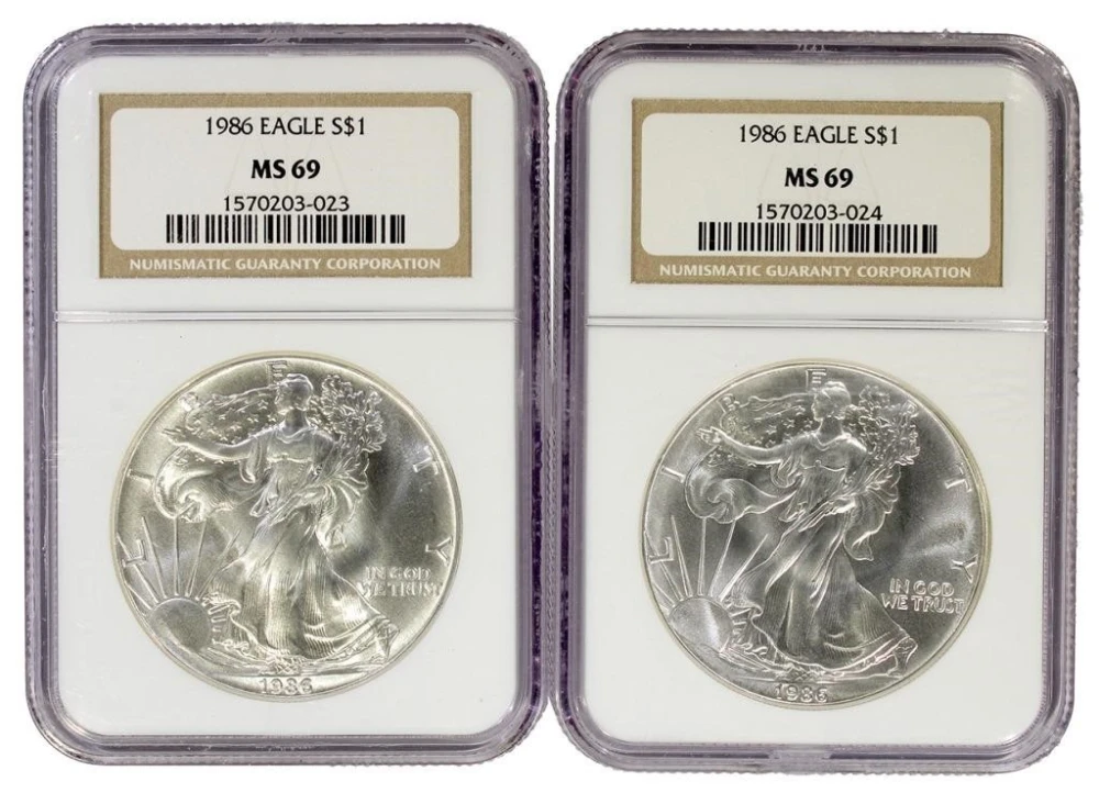 Pair of 1986 NGC MS-69 American Silver Eagles