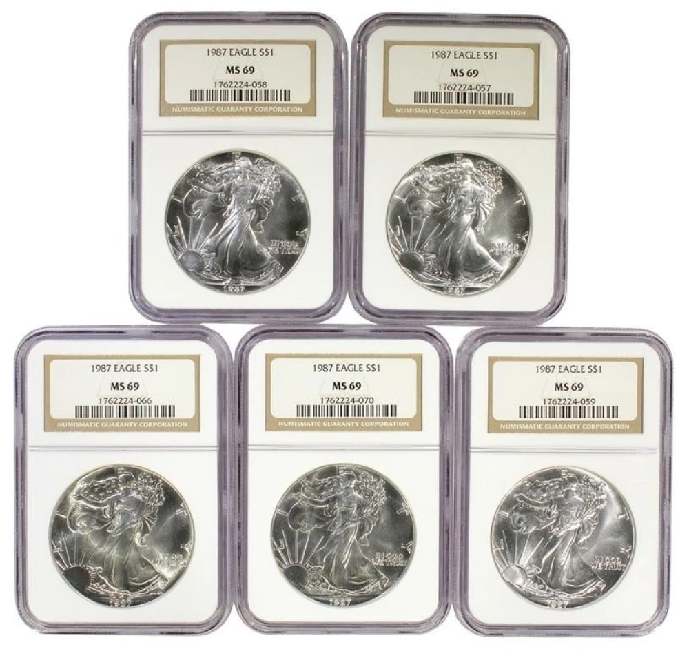 5 NGC MS-69 1987 American Silver Eagles