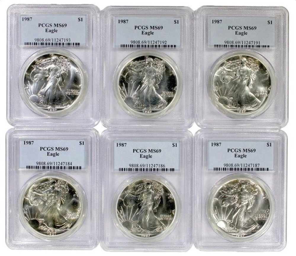 Lot of 6 1987 PCGS MS-69 American Silver Eagles