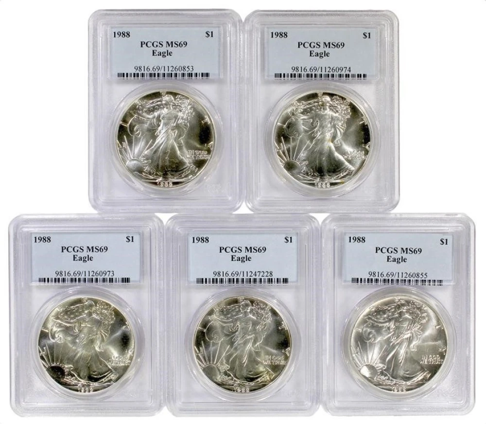Lot of 5 1988 PCGS MS-69 American Silver Eagles