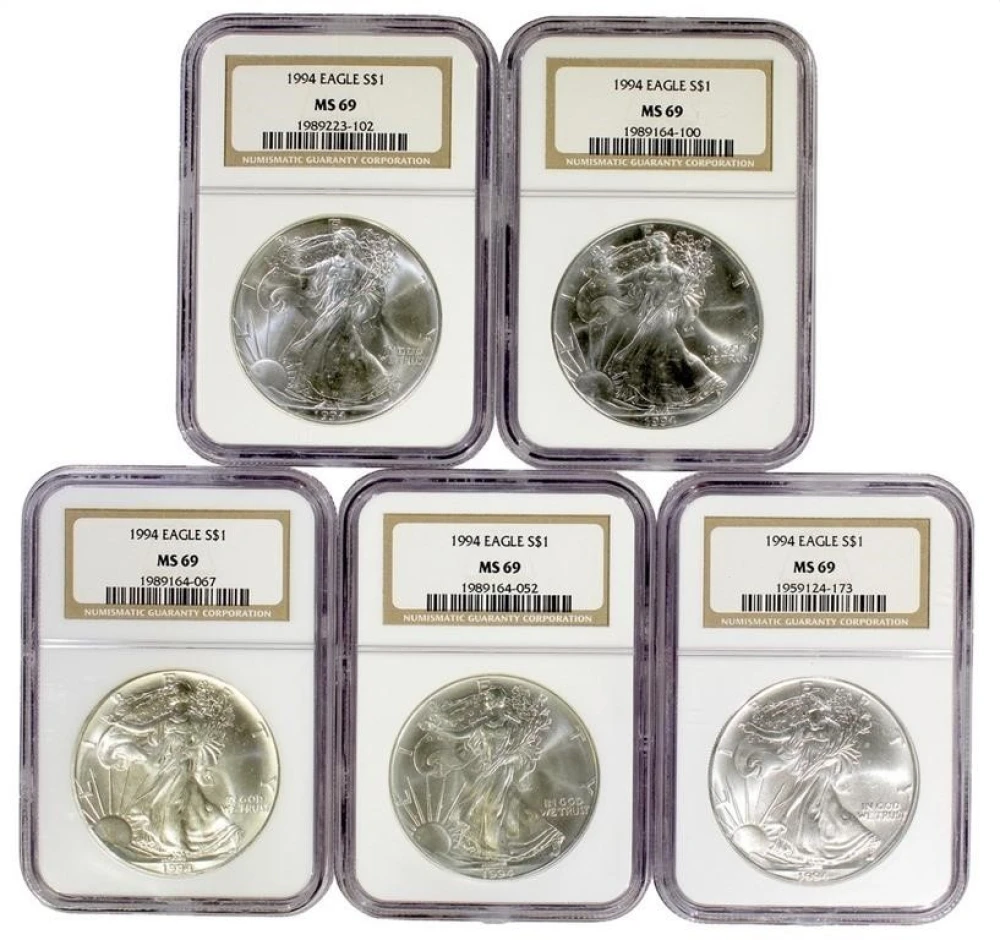 Lot of 5 NGC MS-69 1994 American Silver Eagles