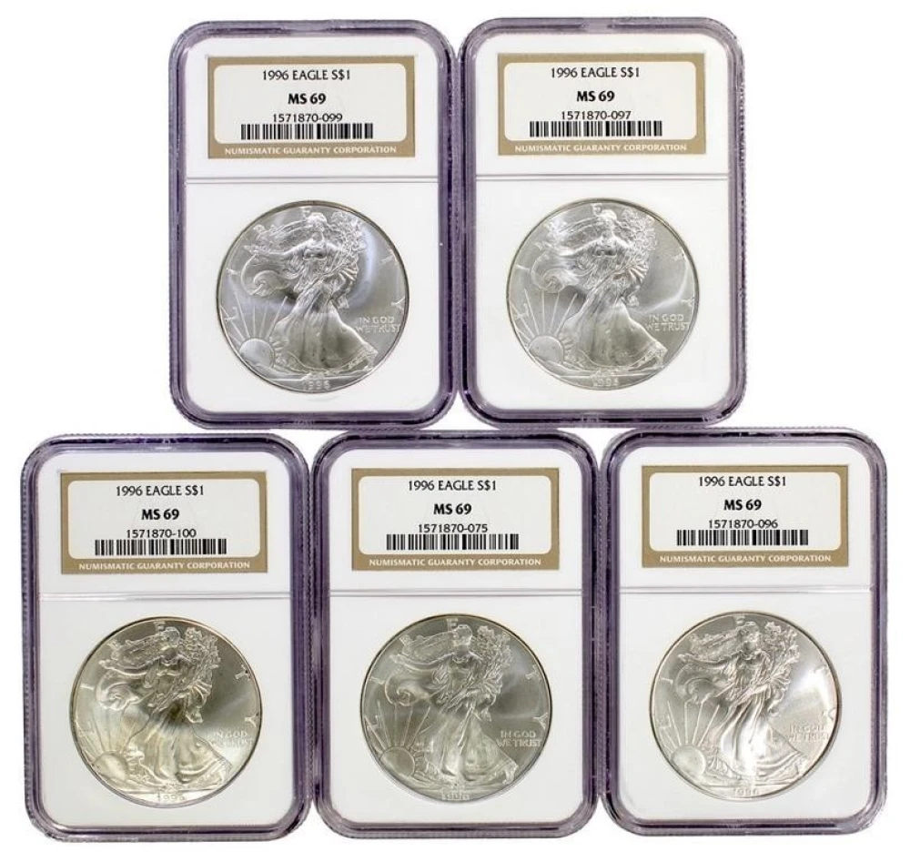 Lot of 5 NGC MS-69 1996 American Silver Eagles
