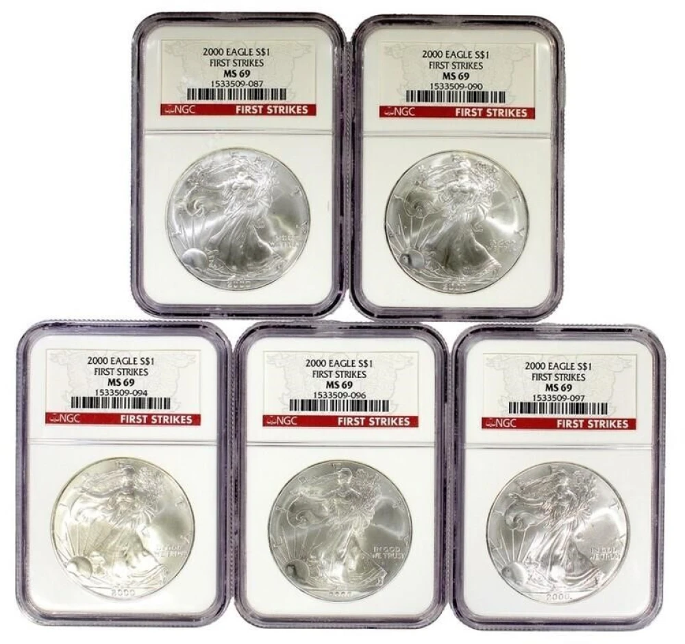 5 2000 NGC MS-69 First Strike Silver Eagles
