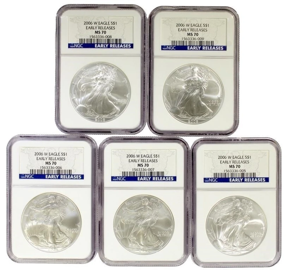 Group of 5 2006-W NGC MS-70 ER Silver Eagles