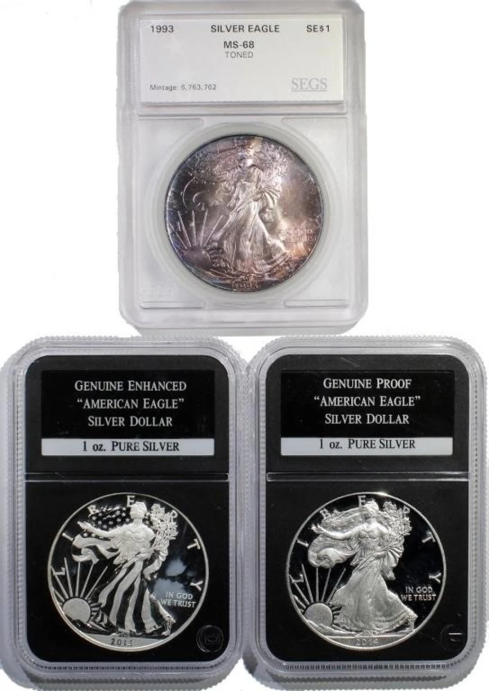 Three Certified American Eagle Silver Dollars