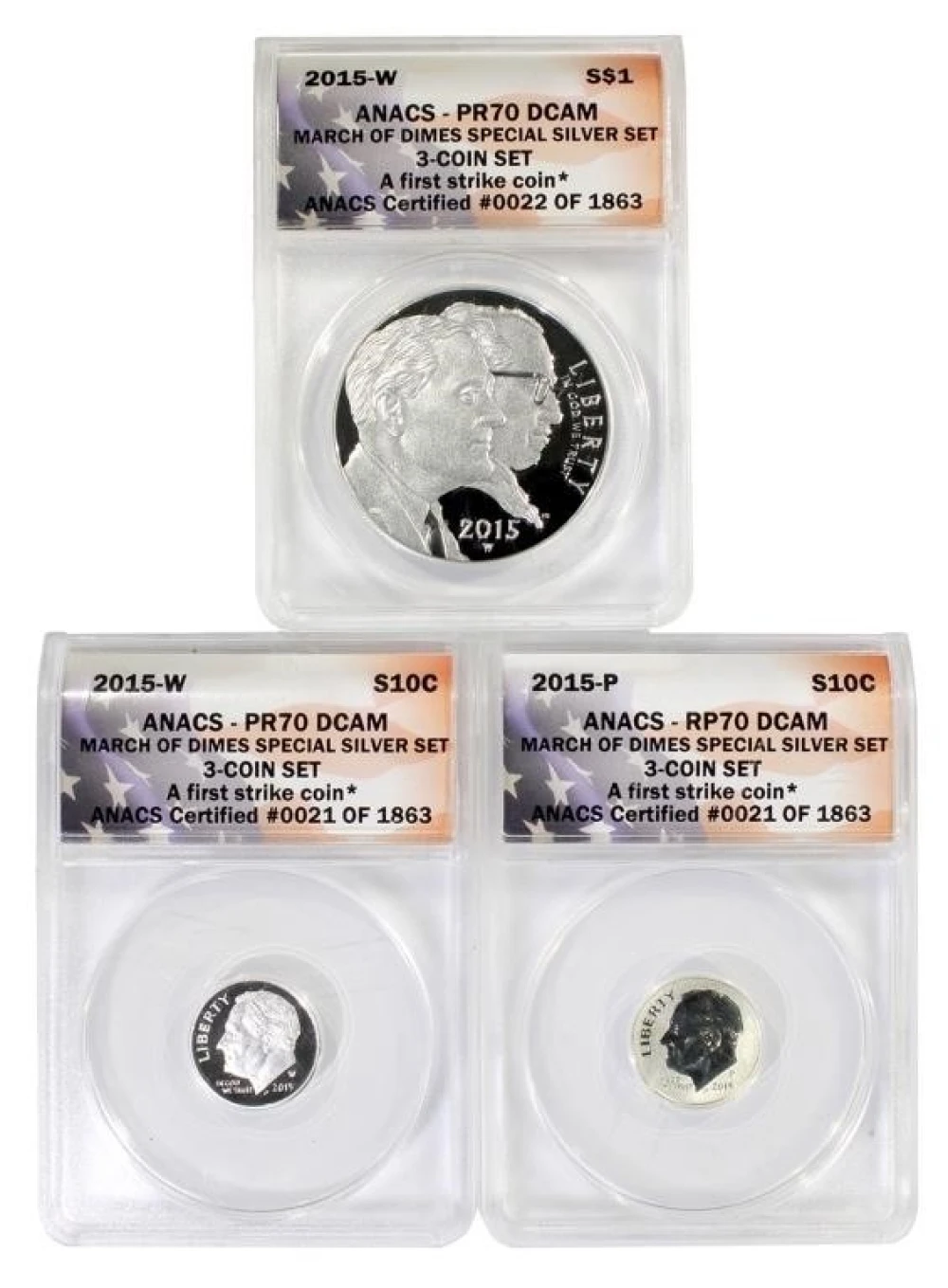 ANACS Proof-70 March of Dimes 2015 3-Coin Set