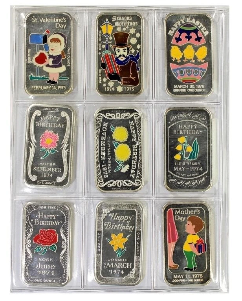 Nine Colorful Enameled One Ounce Silver Bars