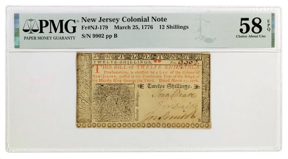 New Jersey. PMG 58 EPQ Twelve Shillings Note