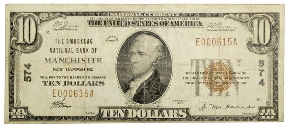 New Hampshire. Manchester. Fine $10 Note