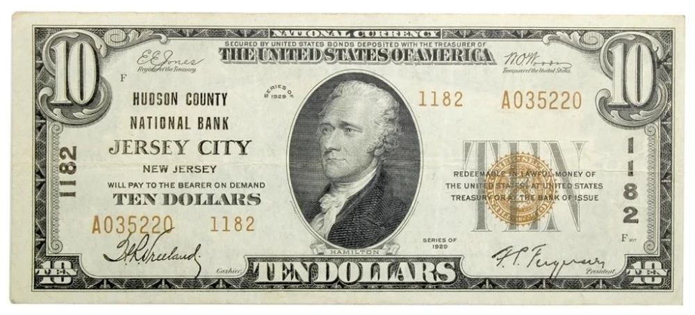 New Jersey. Jersey City. Crisp VF+ $10 Note