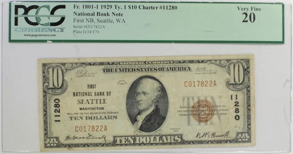 VF Seattle 1929 National Currency $10