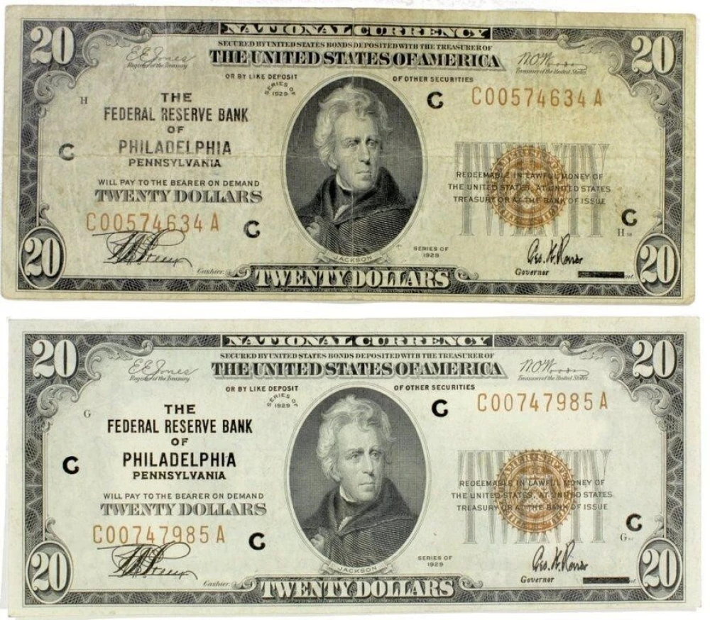 Pair of National Currency $20 Notes