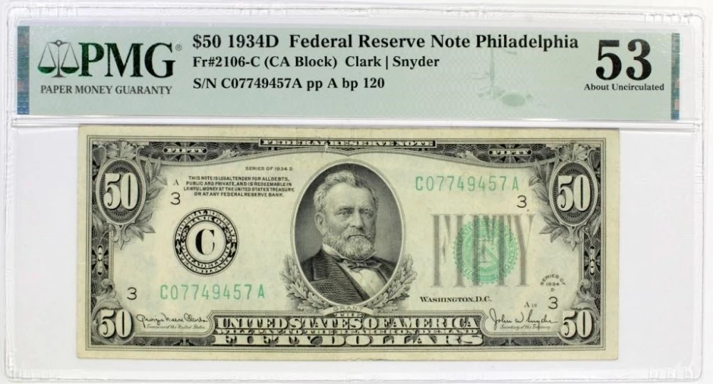Crisp AU Series 1934-D $50 Note