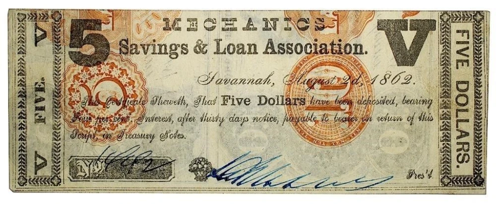 Georgia. Savannah. AU 1862 $5 on Remainder Sheet