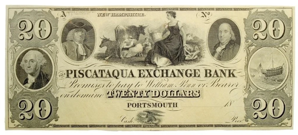 New Hampshire. Portsmouth. Two Crisp $20 Notes