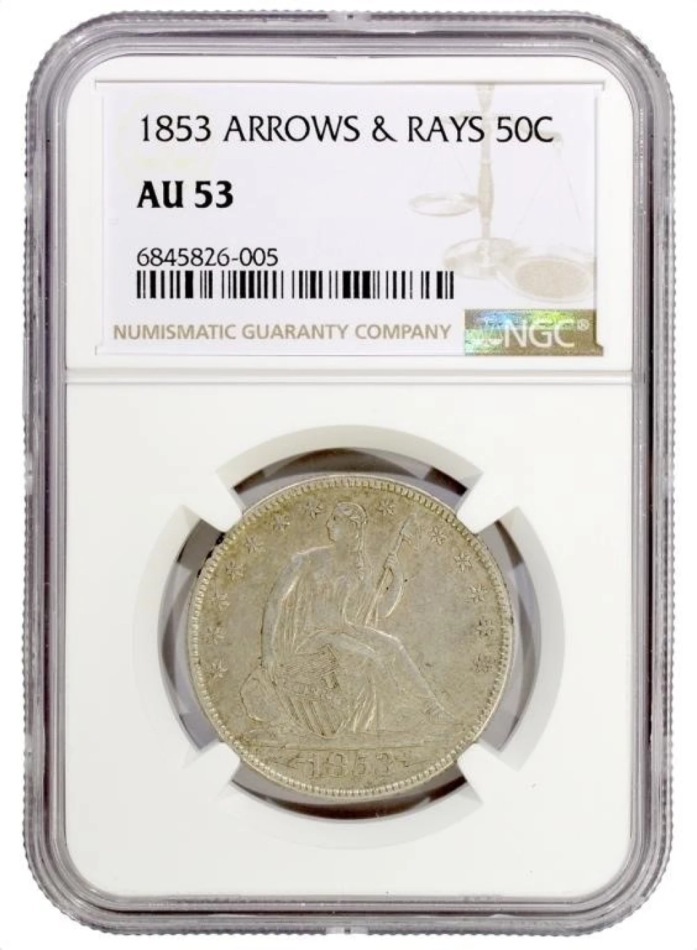 NGC AU-53 1853 Arrows & Rays Seated Half Dollar
