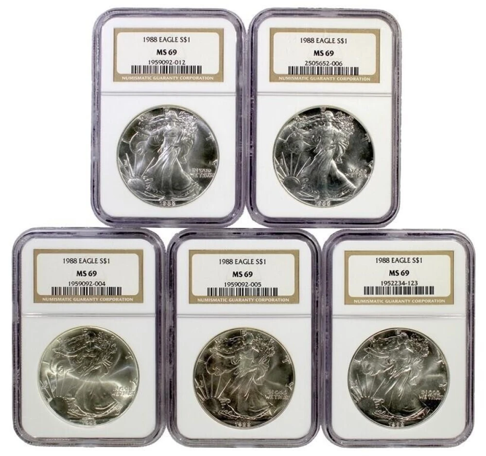 5 Piece Lot of NGC MS-69 1988 Silver Eagles