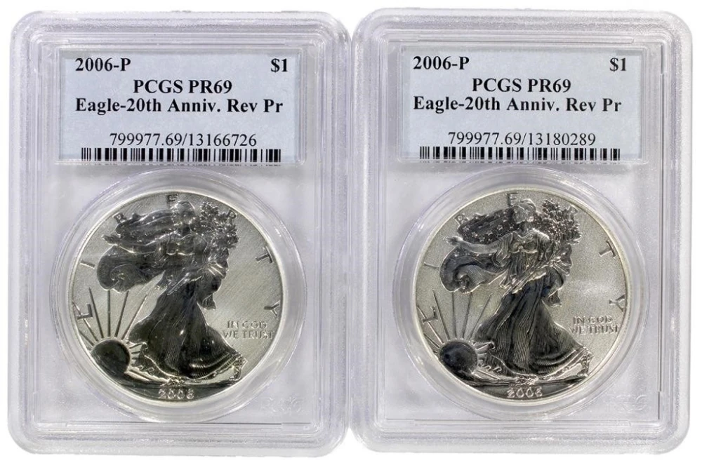 PCGS PF-69 2006 Reverse Proof Silver Eagle Pair